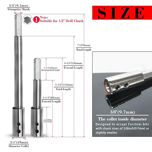 ASNOMY 2Pcs 4.5" & 7" Extra Long Forstner Drill Bit Extension for Adding Over 3-1/4" & 5-3/4" of Drilling Depth to Your 3/8" Round or Hex Shafts Forstner Bit