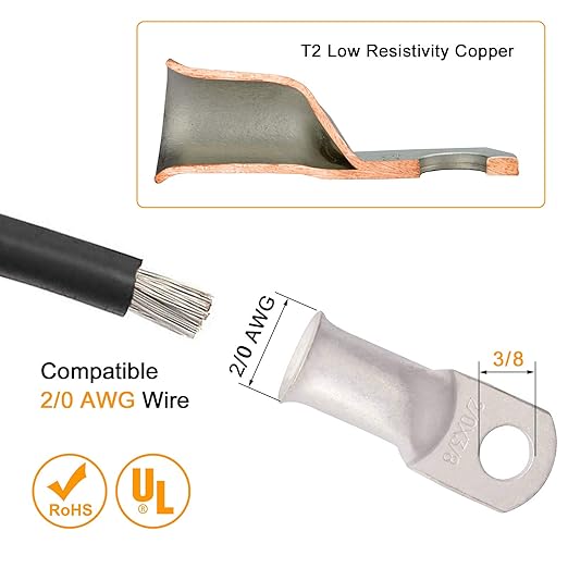 SVAAR 2/0 AWG Battery Cable Lugs,00 Gauge Tinned Copper Lugs 2/0 AWG 3/8" & 5/16" Battery Cable Ends,00 Gauge Lugs Ring Terminal Battery Lugs with 3:1 Heat Shrink Tube+Hex Nut+Flat Washer