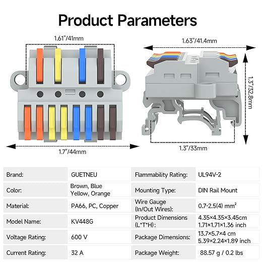 2Pcs Lever Wire Connectors, 4 in 8 Out, Push-in, Quick Wiring DIN Terminal Blocks, 0.7-2.5(4) mm², 600V 32A, 24Pcs Wire Ferrules Terminals & 4.72 Inch DIN Rail Included