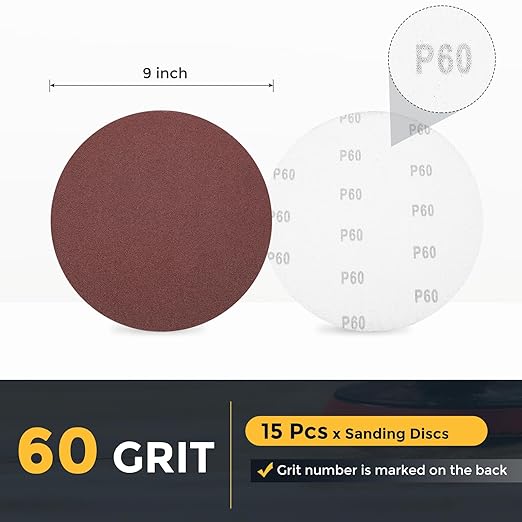 HARFINGTON 15 Pcs 9 Inch Sanding Disc 60 Grit Hook and Loop Sandpaper Random Orbital Sander Pads for Woodworking Automotive Metal Polishing