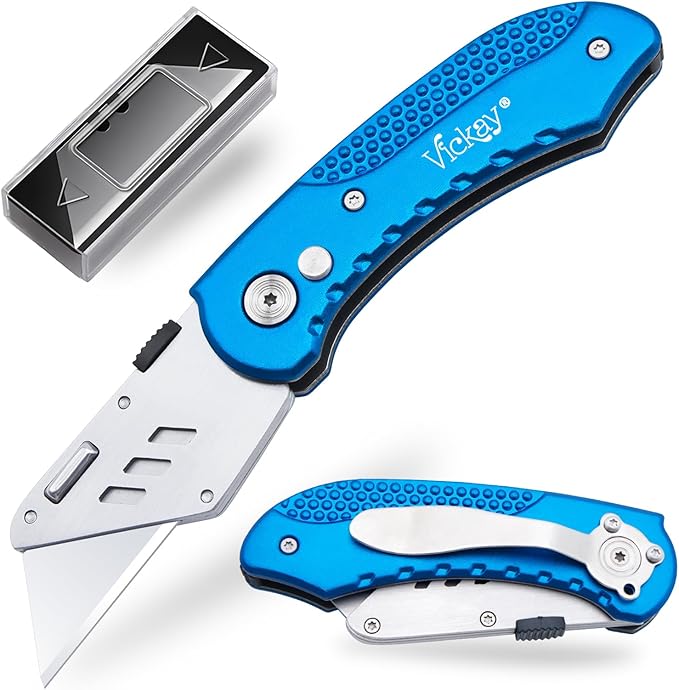 Vickay Folding Utility Knife Heavy Duty Box Cutter with 5 SK5 Quick Change Blades, Safety Axis Lock Design Razor Knife, Lightweight Aluminum Body Belt Clip for Office