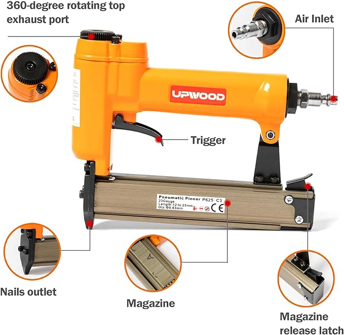 P625 Pneumatic 23 Gauge Headless Pin Nailer, 1/2-Inch to 1-Inch Leg Length Air Powered Micro Pinner for Furniture, Cabinets, Interior Decoration