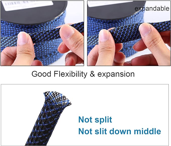 100ft - 1/4 inch PET Expandable Braided Sleeving – BlackBlue – Alex Tech Braided Cable Sleeve
