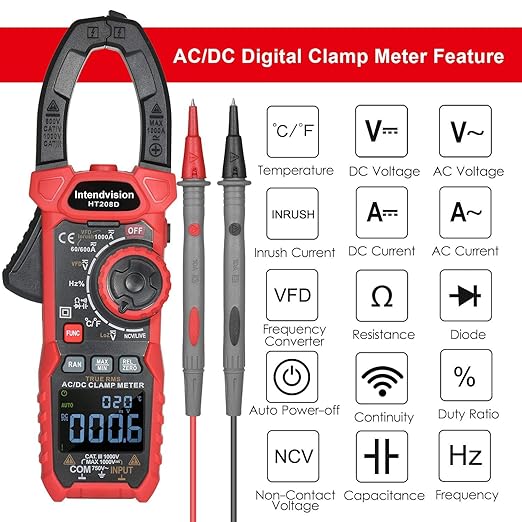 Intendvision Inrush Clamp Meter 1000A True RMS AC/DC Current Amp Meter, VFD, LOZ Mode, 6000 Counts, Measures Current Voltage Temperature Capacitance Resistance Diodes Continuity Duty-Cycle