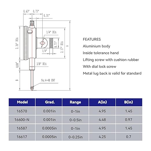 HFS(R) 0-1/2" Dial Indicator Lathe Tool High Precision, 0.5" Measuring Range, 0.001" Graduation Interval
