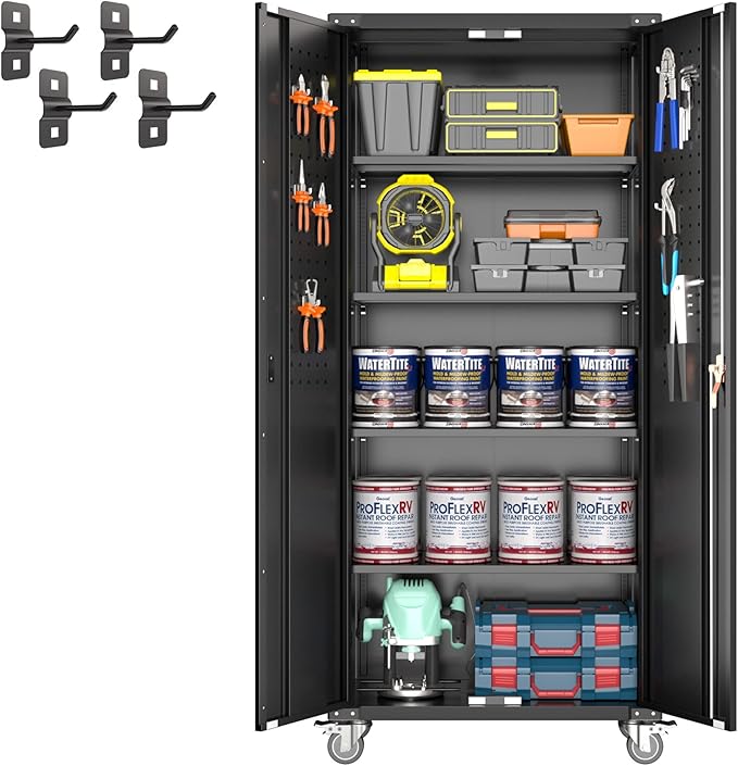 Upgraded Metal Storage Cabinet with Wheels, Lockable 72" Tall Cabinet for Garage Utility Rooms, Pegboard & 4 Hooks, Adjustable Shelves (Black)