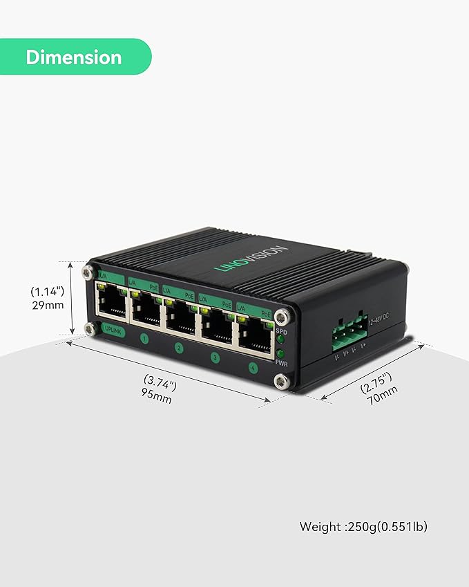 LINOVISION Industrial 5 Ports Gigabit Solar POE Switch with DC9V-54V to DC48V Voltage Booster,4 x IEEE802.3af/at 30W POE Ports @120W, IP40, Compact POE Power for Solar Power/RV Truck/VoIP Systems