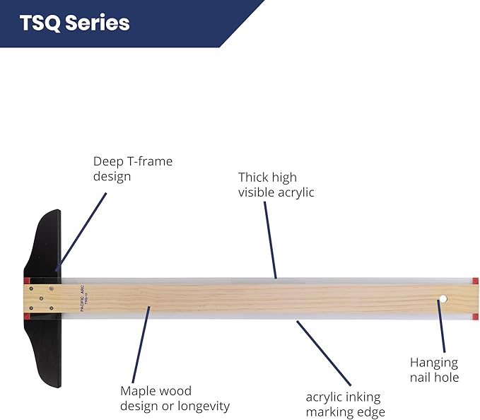 Pacific Arc 36 Inch T Square, Traditional Maple Blade with Acrylic Edge