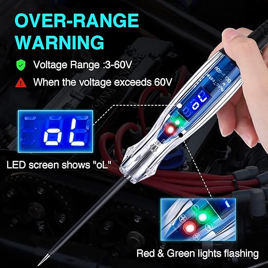 Automotive Test Light 3-60V DC Digital LED Circuit Tester, Heavy Duty Light Tester with Voltmeter, Auto Bidirectional Voltage Tester Electric Test Pen