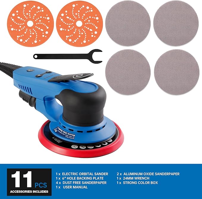 Electric 5mm Random Orbital Sander, Brushless 350W Low Vibration Orbital Sander, 6Inch Backing Pad, 7 Variable Speed (4000-10000RPM), Handheld Sanders for Surface Refinish, Woodworking, Cord 5M