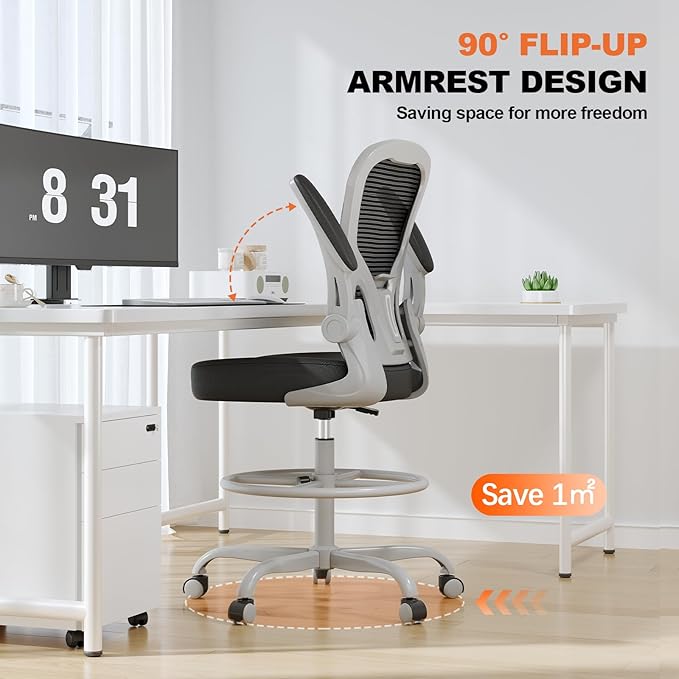 Ergonomic Drafting Chair, Tall Office Chair with Flip-up Armrests, Breathable Mesh High Desk Chair with Lumbar Support Adjustable Footrest Ring for Standing Desk Grey Black