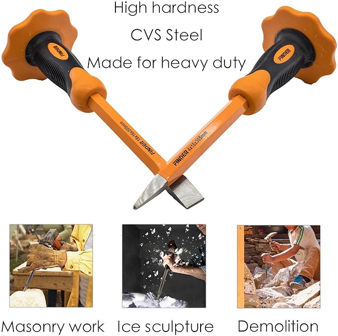 Finder 2 pcs 12-Inch Heavy Duty Chisels Set With Hand Protection, Flat Head and Pointed/Spear Head, Demolishing/Masonry/Carving/Concrete Breaker Chisels set with Bi-Material Hand Guard …