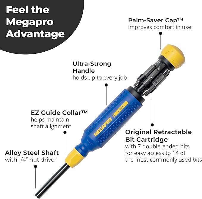 MEGAPRO® 15-in-1 Original Multi-bit Screwdriver | Home DIY & Repair | Construction | Tradeswork | 14 Industrial-grade bit tips | 1/4" Hex Drive in shaft (Original)
