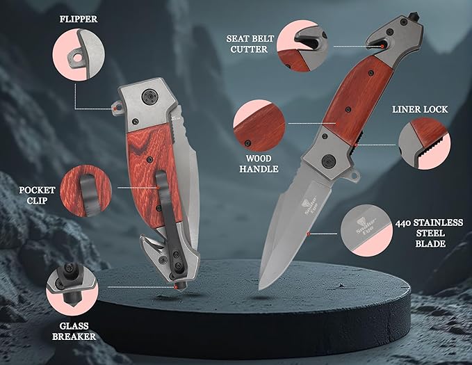 Snake Eye Tactical Rescue Style Every Day Cary Hunting, Camping Folding Pocket-Folding Wood Handle EDC Knife 1019WD