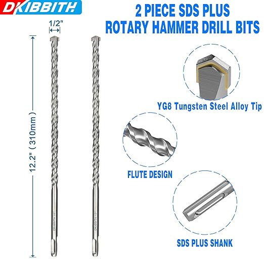 2-Pack SDS Plus Masonry Drill Bits 1/2 Inch x 12 Inch Long Rotary Hammer Drill Bits Carbide Tipped for Concrete Brick Cement Stone Block.