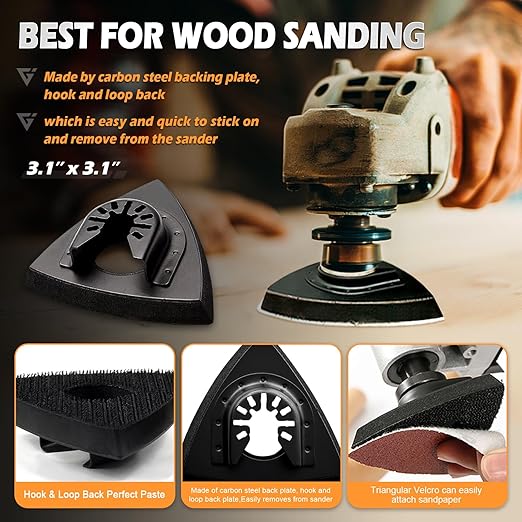 136Pcs Oscillating Tool Sanding Pad Kit, Contains 6Pcs Triangle Sanding Pads and 130Pcs Multitool Sandpaper, 60 80 100 120 240 Grits Oscillating Multi Tool Sandpaper Great for Wood&Plaster Polishing