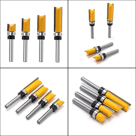 Flush Trim Router Set for Woodworking - Cabinet, Rabbeting, Tongue & Groove(Router Bit-1/4 Inch Shank-4 pcs Straight)