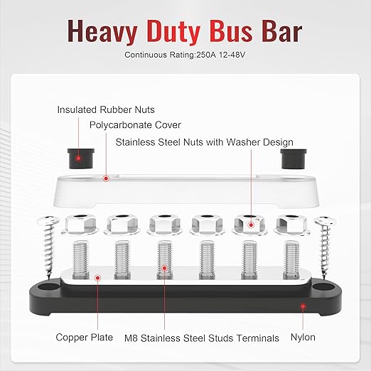 12V Bus Bar 250A Power Distribution Block, 12 Volt Busbars 6 x 5/16" (M8) Terminal Studs Positive & Negative for Car, Marine, Solar Systems