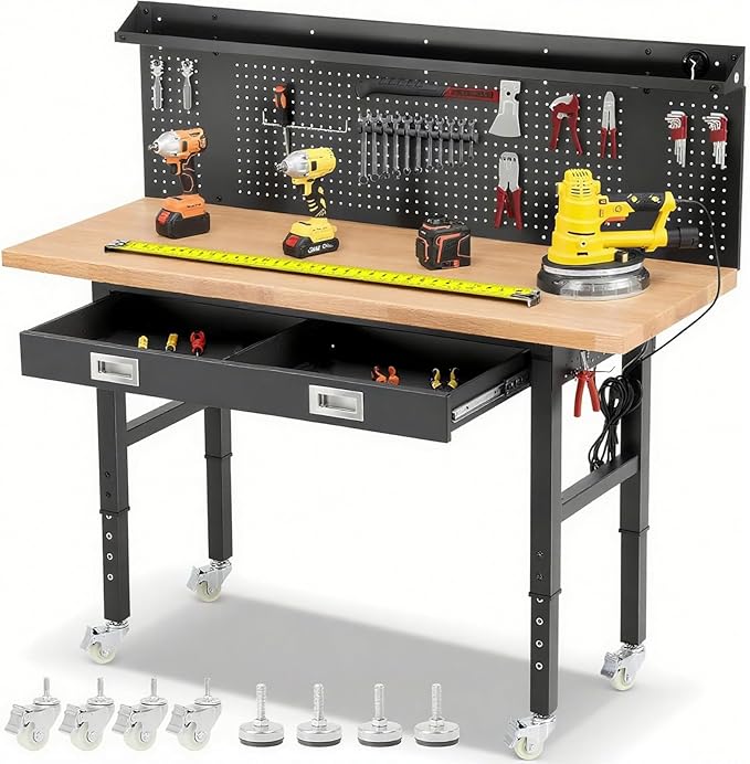 Work Bench with Wheels 60 x 22 Inch Heavy Duty Rubberwood Tabletop Work Table Adjustable Height Garage Workbench with LED, Drawers, Pegboard, Power Outlets for Woodworking Shop, Home, Office