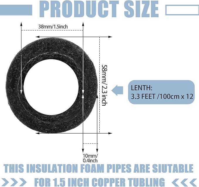 Amylove 12 Pcs 3.3 Feet Foam Pipe Insulation Foam Tube Insulating Water Pipe Pool Swim Noodles Heat Preservation Pipe Covers for Tubing Outdoor Freeze Protection (Black,1.5 Inch)