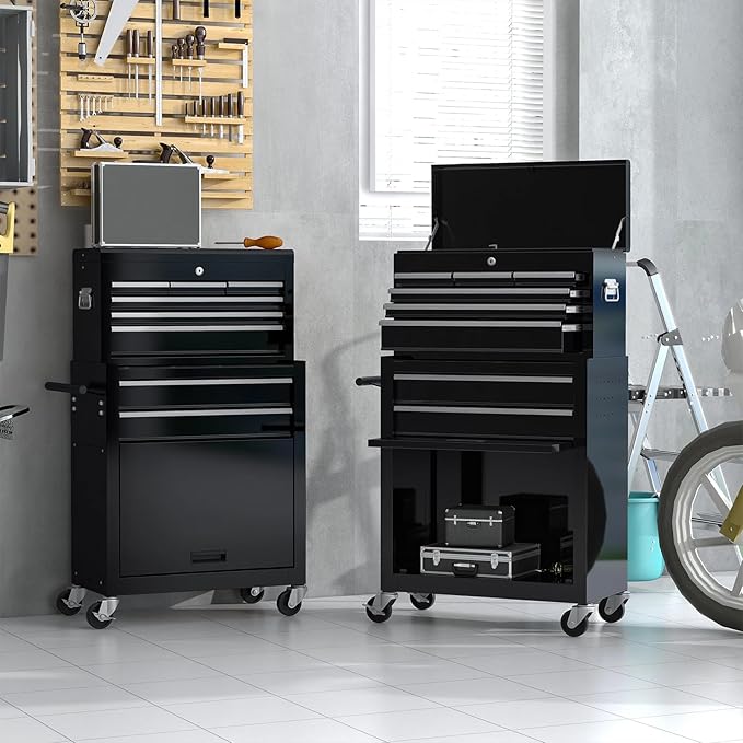 Rolling Tool Chest - 8 Drawers Tool Box Organizer with Lockable Wheels, Sliding Drawers, Detachable Top Tool Box - Tool Storage Cabinet for Garage Workshop, Black