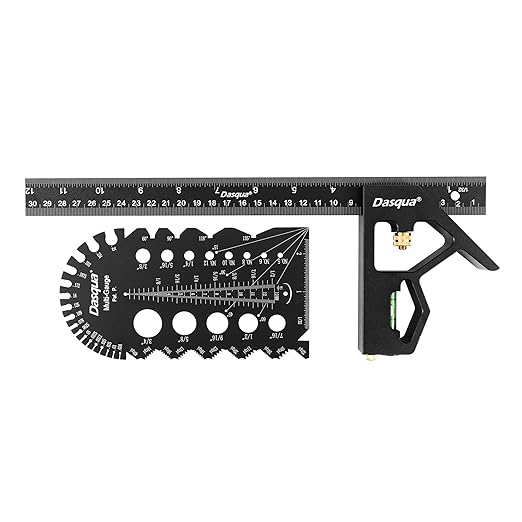 Dasqua 3-in-1 Measuring Tool Set, 12" Stainless Steel Combination Square & Bolt Thread Gauge, Inch Thread Checker for 13 Sizes, Carpenter Square with 45°/90° Level for Woodworking, Engineering, DIY