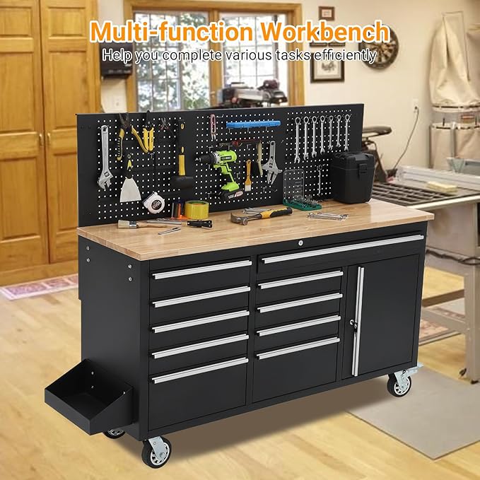 Heavy Duty 61" Tool Chest Cabinet, Mobile Garage Workbench with 10 Drawers and Power Strip, Rubber Wood Worktop, 1675 LBS Load, Rolling Tool Storage Organizer for Mechanic, Shop or Home Use
