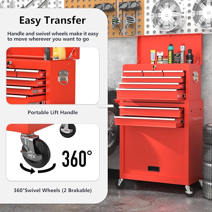 8 Drawer Tools Chest,42.9 inch Tool Cabinet with Universal Lockable Wheels，Organizable Tool Box with Detachable Top Box for Workshop，RED