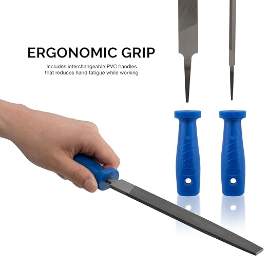 Neiko 00109A Metal File and Rasp Set | 12 Piece, 10, 8, and 6 Inch Extra Slim Flat, Half, Mill, and Round Files Set | Non Slip PVC Handle, Wood File | Heat Treated Carbon Steel Two Way File