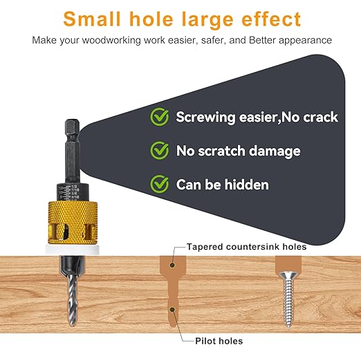 Countersink Drill Bit Set for Wood,17 PCS Counter Sink Drill Bit with 15PCS HSS Tapered Drill Bits and 1/4" Hex Shank Quick Change for Woodworking with Storage Box