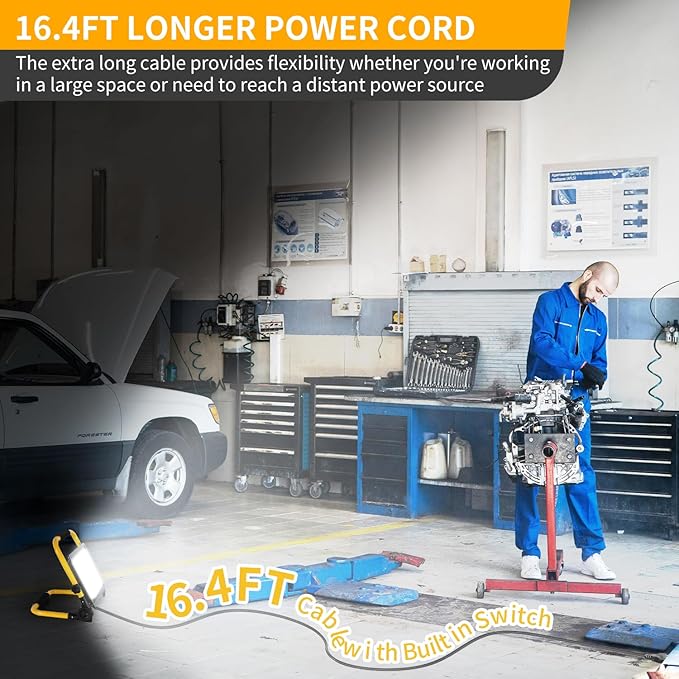7200LM LED Work Light with 16FT Cord & Switch, 60W Outdoor Flood Light, IP66 Waterproof Portable Job Site Lighting with Stand, 5000K Dayight Worklight for Construction Garage Workshop Car Repairing