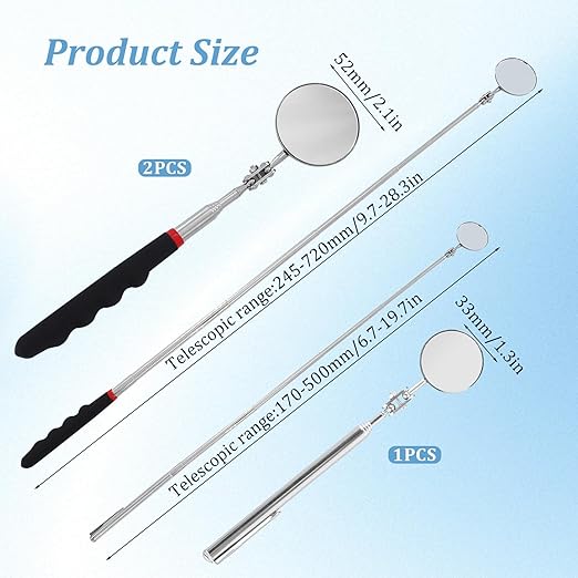3 PCS Inspection Mirror, Telescopic Mechanic Mirror, Comfortable Grip, 360 Degree Rotation for Technicians Mechanics Contractors to Inspect and Observe (Round)