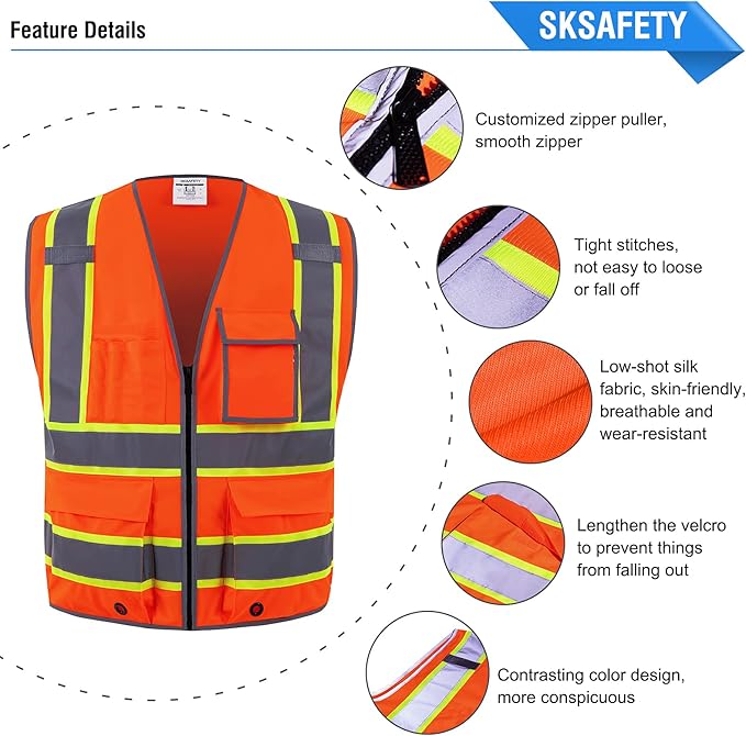 SKSAFETY 10 Pockets Safety Vest, Class 2 High Visibility Security with Zipper, Hi Vis Vest with Reflective Strips, ANSI/ISEA Standard, Construction Work Vest for Men ＆ Women （Orange, M）