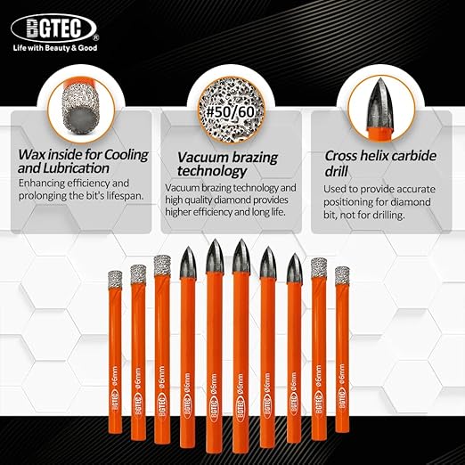 BGTEC Dry Diamond Drill Bits Set - 5pcs 1/4" Tile Drill Bits and 5pcs 1/4" Carbide Drill for Granite Marble Porcelain Ceramic