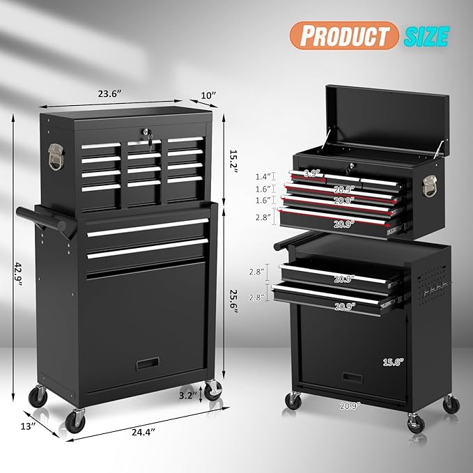 8-Drawer Rolling Tool Chest with Wheels, 2-in-1 Detachable Tool Box with Drawers and Large Cabinet, Rolling Tool Chest Storage Cabinet with Lockable for Warehouse, Garage, Workshop (Black)