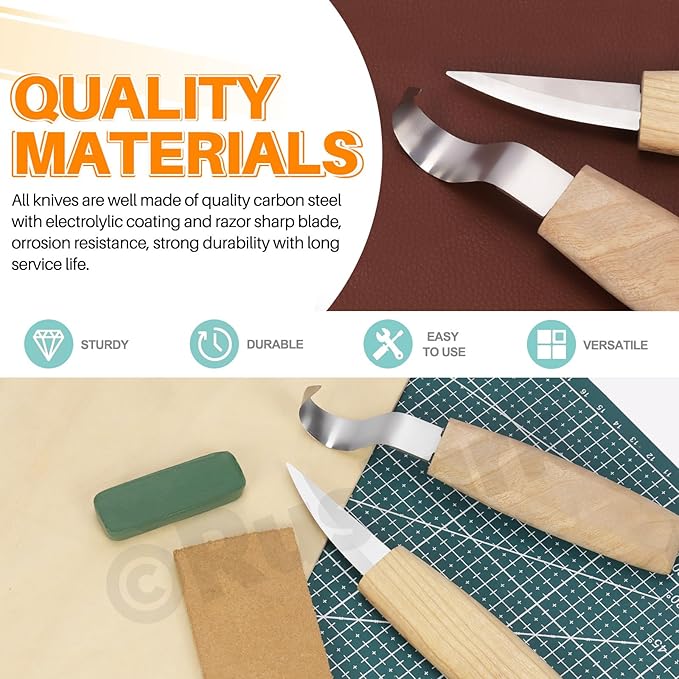 5pcs Wood Carving Knife Assortment Kit Wood Carving Knives Tools Set Includes Carving Hook Knife Wood Carving Whittling Knife Wood Carving Blank Polished Compound for Woodworking