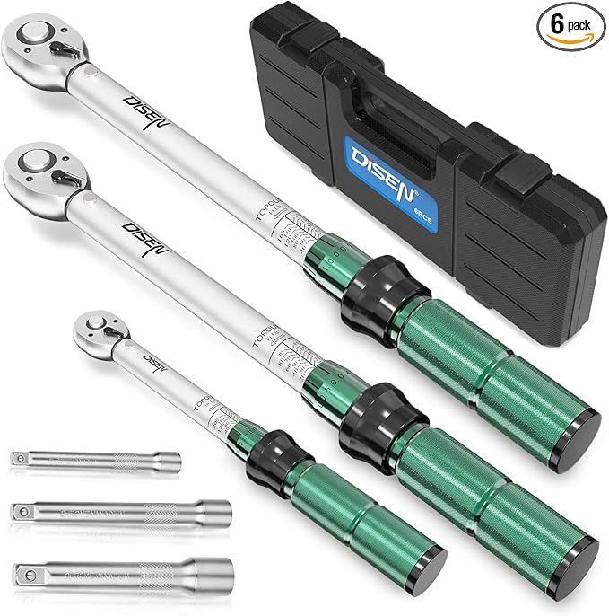 DISEN 6 PCS 1/4 3/8 1/2-inch Drive Click Torque Wrench Set 20-220In.lb, 15-90Ft.lb, 30-170Ft.lb with Extension Bar Kit, ±3% Accuracy, 72-Tooth Dual Scale Torque Wrenches for Bike, Moto, Car Repair