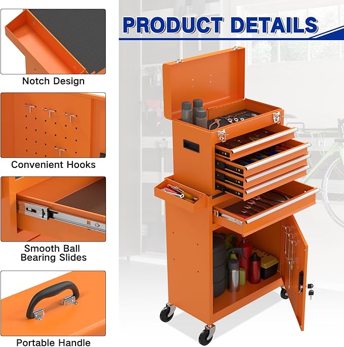 5 Drawer Tools Chest, Tool Cabinet with Universal Lockable Wheels，Tool Box with Detachable Top Box for Workshop(Orange)