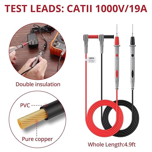 BINTA Multimeter Test Leads Kit for Home DIY, Electrical Test, Car Maintenance, Test Leads Kit with Replaceable Test Probes, Alligator Clips, Insulated Cap, Wrench CATIII 1000V 20A