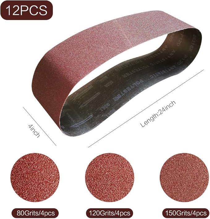 4x24 4 x 24 Sanding Belt Pack 4-Inch x 24-Inch,12 Pcs(4 Each of 80 120 150 Grits) Aluminum Oxide for Sander