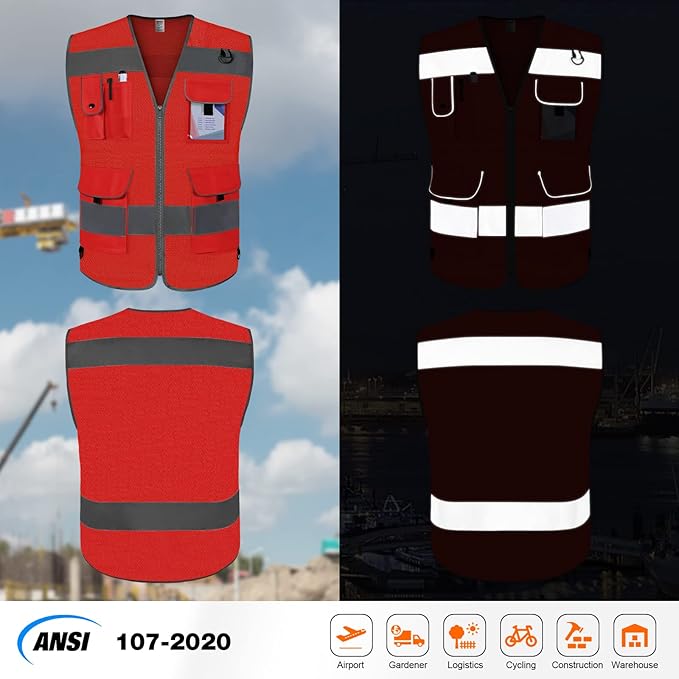 TCCFCCT Red Safety Vest for Men Women 9 Pockets Mesh High Visibility Reflective Vest for Safety, Work Vest with Reflective Strips, Meets ANSI/ISEA Standards, 5X-Large
