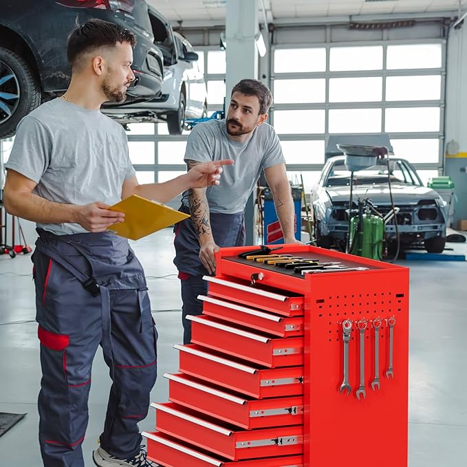 Rolling Tool Chest with Drawers, 7 Drawers Tool Chests & Cabinets, Metal Toolbox with Wheels, Lockable Storage Cabinet, Garage Tool Box with Drawers (Red, 7 Drawers)
