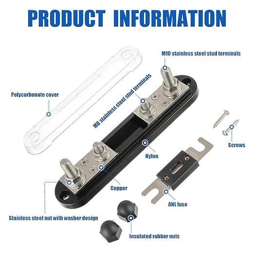 BOJACK ANL Fuse Holder with 600 Amp ANL Fuse, ANL Fuse Block with 2 Pieces 600A ANL Fuse, M10 Stud Terminals Maximum Current 750A, for Trucks, Cars, Ships, etc.