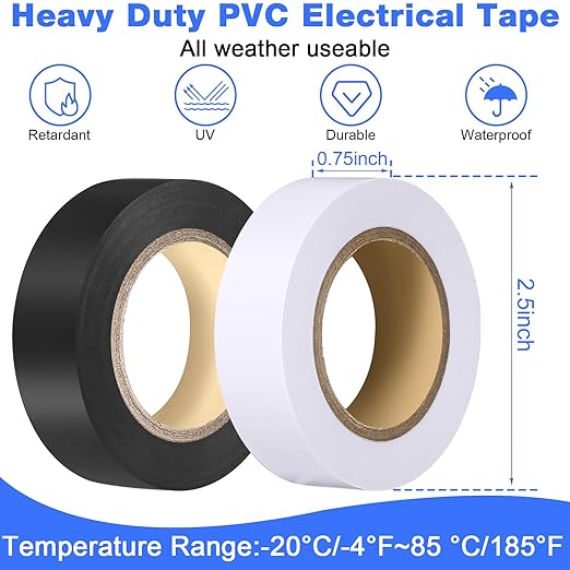 Qilery 60 Pack Electrical Tape Waterproof 3/4 in x 65 ft Electric Wire Tape for Any Weather Under 600v Home Outdoor Insulating Wire Wrapping(White, Black)