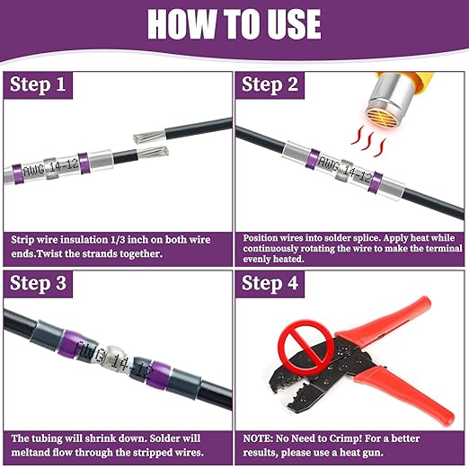 200PCS Purple Solder Seal Wire Connectors 14-12 AWG, Marine Grade Self Soldering Heat Shrink Wire Connectors Waterproof Insulated Electrical Butt Splice Wire Terminals for Automotive Boat Truck