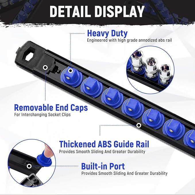 Magnetic Socket Organizer, 3-Piece Heavty Duty ABS Socket Holder, Socket Rail for Tool Box, Premium Quality 360° Swivel Socket Rack with 42 Clips for 3/8-Inch(Blue)