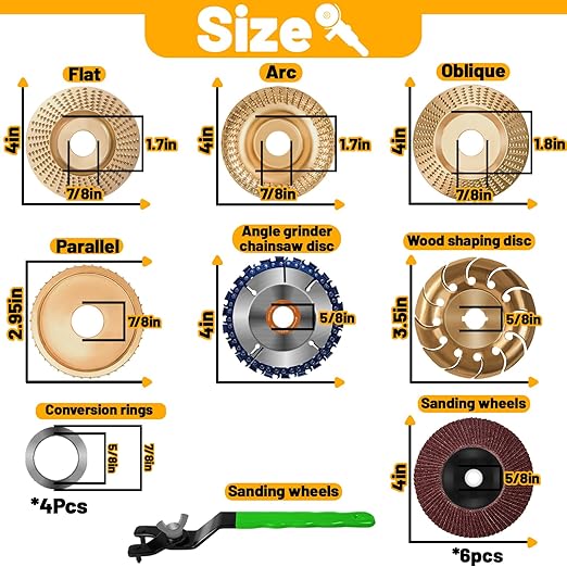 13PCS Wood Carving Disc Set for 4" or 4 1/2" Angle Grinder, Stump Tool Grinder Disc Wheel Attachments for Woodworking, Stump Grinding Tools for Wood Cutting Shaping Carving Sanding and Polishing