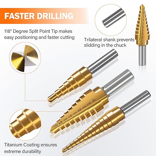 KENDO Step Drill Bit Set, Double Cutting Blades High Speed Steel Step Drill Bits for Metal, Wood Hole Drilling, Plastic, Total 28 Step Sizes Taper Drill bit Set, DIY Lovers with Bag, 3 Pieces