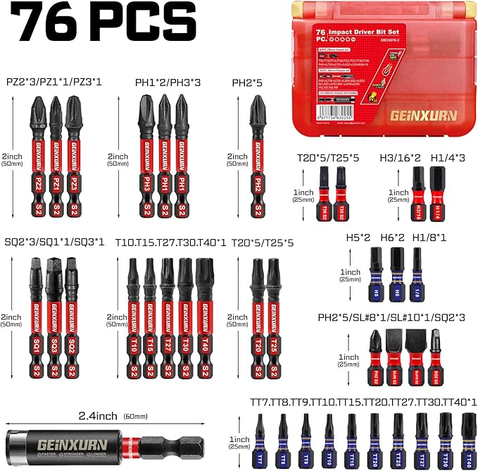 76 pieces Impact Screwdriver Bits Set, Magnetic S2 Steel Multi Insert Power Bits Tips with Impact Bit Holder with Storage Box（PH/TORX/SQ/PZ/HEX/SL）
