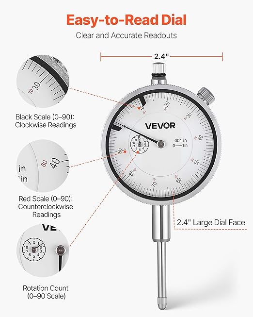 VEVOR Dial Test Indicator, 0.001 inch Accuracy, 0-1 inch Measuring Range, Easy to Read Large Dial, Professional for Internal Diameter Measurement, Runout Detection, Flatness Inspection